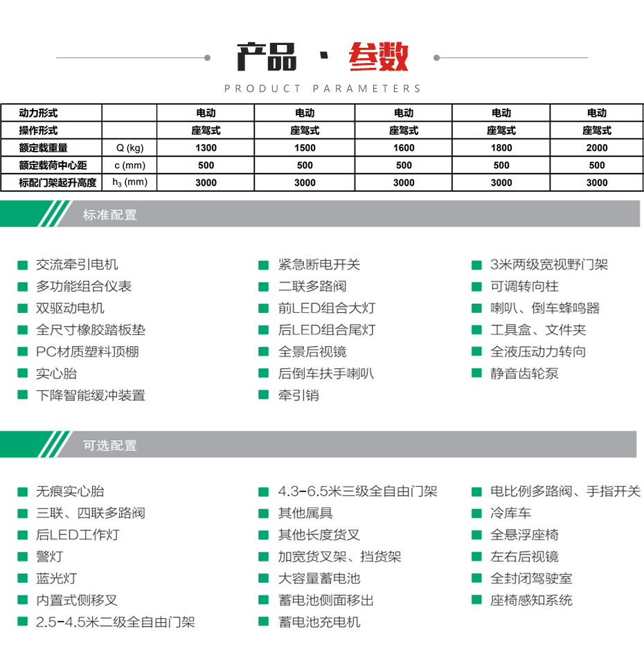 A系列1.3-2吨三支電(diàn)动叉車(chē)参数图片